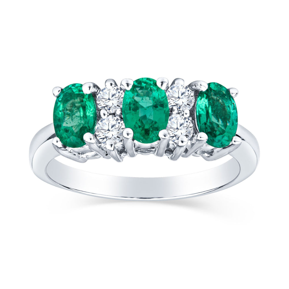 14w Exquisite Three-Stone Oval Gemstone Ring with 14k White Gold and Diamonds