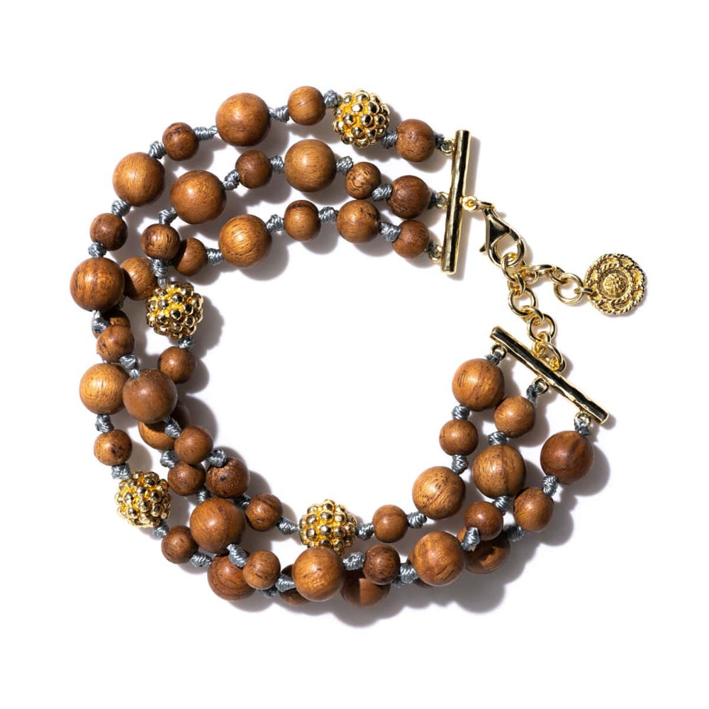 Exquisite Capucine De Wulf Handmade Earth Goddess Teak Wood Beaded Bracelet with 18K Gold Plated Brass