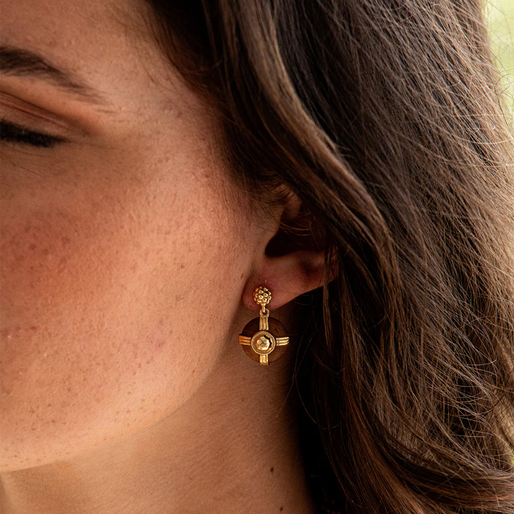 Wulf Gaia Round Drop Hand - Carved Teak Wood Earrings with Hammered 18K Gold Plated Brass