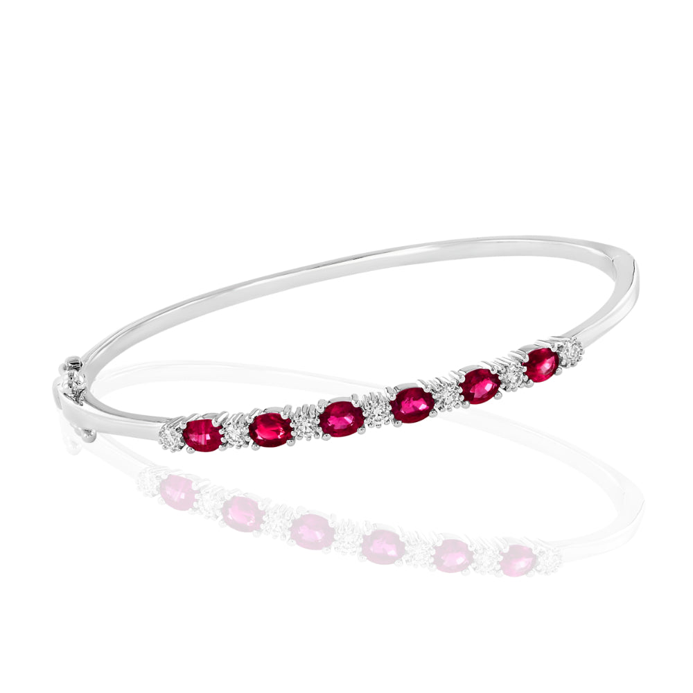 Stunning 14k White Gold Bangle Bracelet with Oval Rubies and Round Diamonds