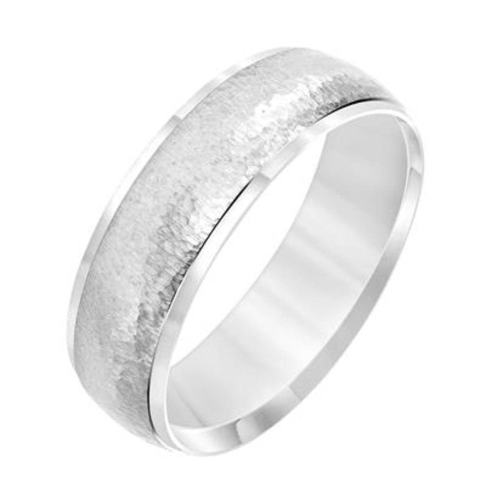 Men's 7mm Hammered 14k White Gold Low Dome Round Edge Carved Wedding Ring Band