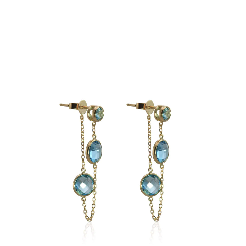 Exquisite 14k Gold Swiss Blue Topaz Triple Drop Earrings for Women