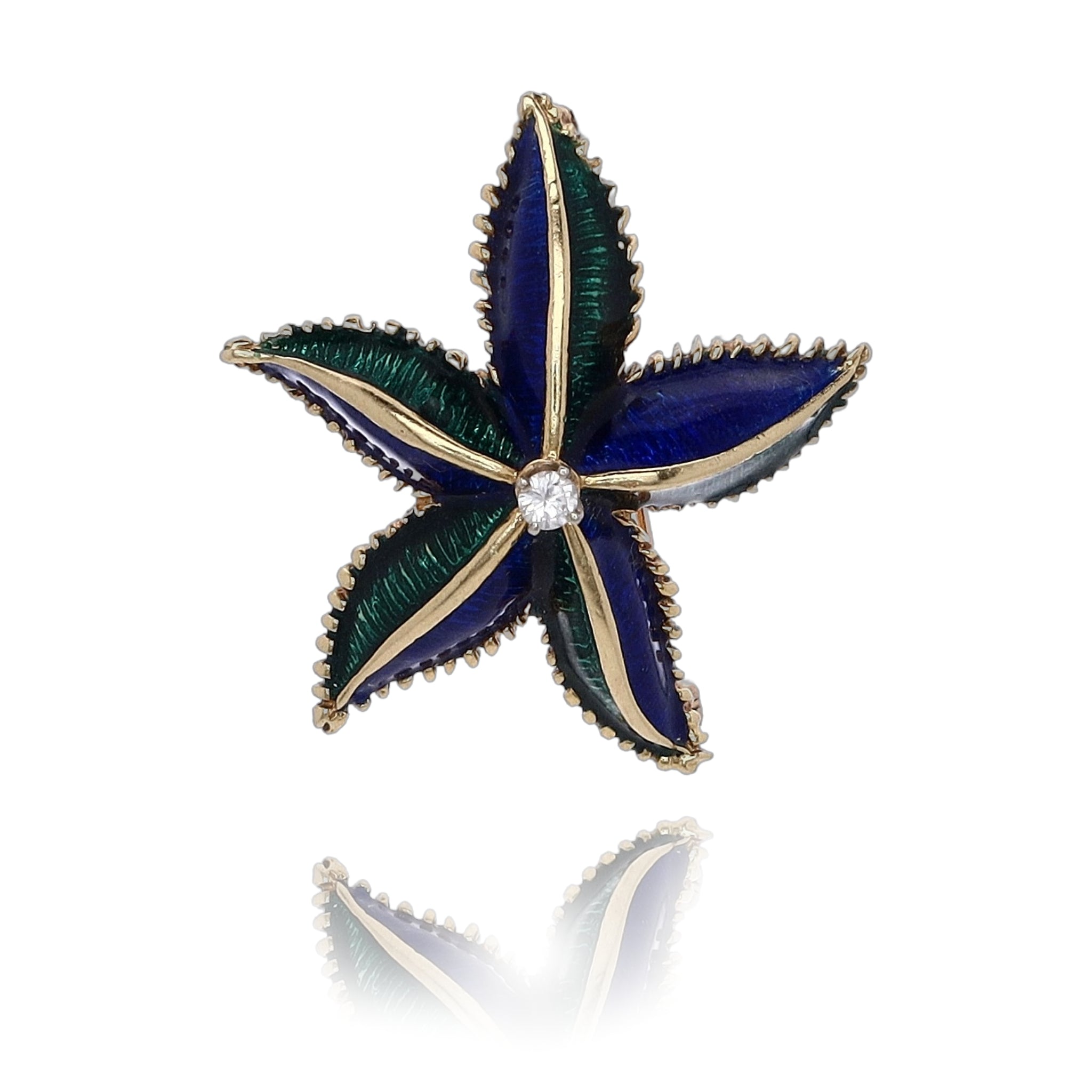 18 Karat Yellow Gold Enameled Diamond Starfish Brooch Pin for Fashion Accessories