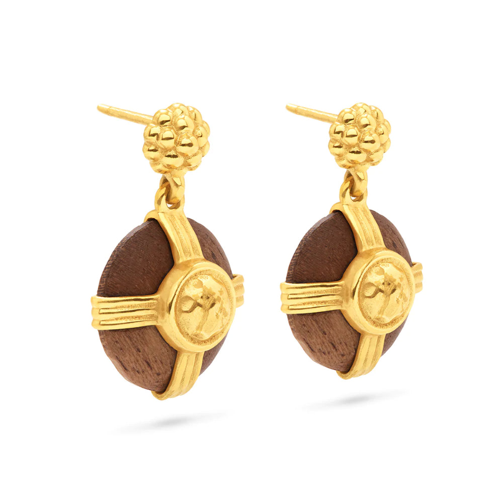 Wulf Gaia Round Drop Hand - Carved Teak Wood Earrings with Hammered 18K Gold Plated Brass