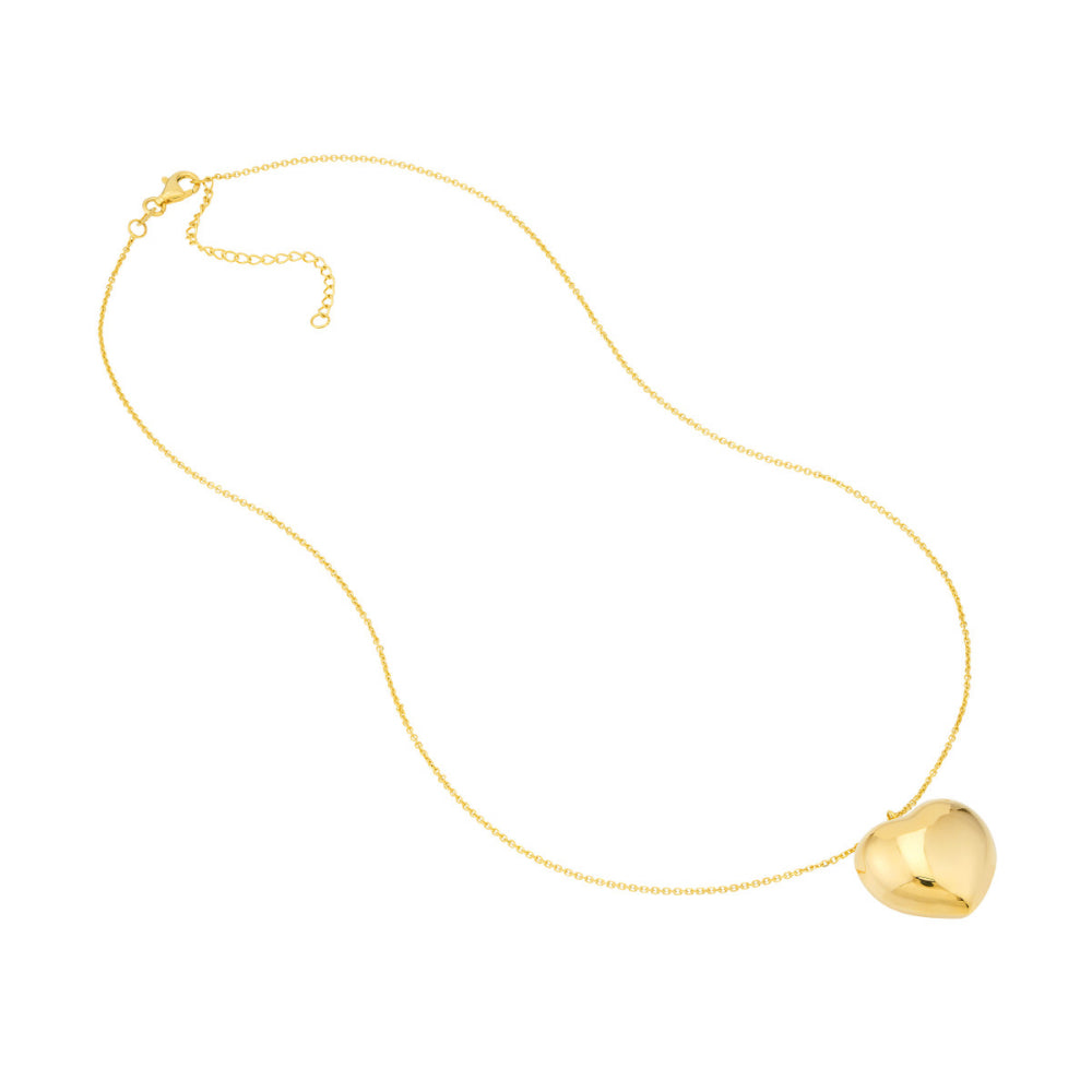 14K Yellow Gold Large Puffed Heart Pendant with 18-Inch Adjustable Chain, Ideal Jewelry Accessory