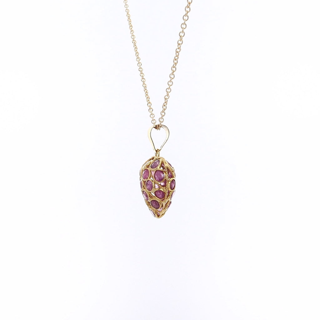 Exquisite Estate 18 Karat Yellow Gold Pink Sapphire Embellished Puffed Heart Design Pendant Necklace for Jewelry Lovers