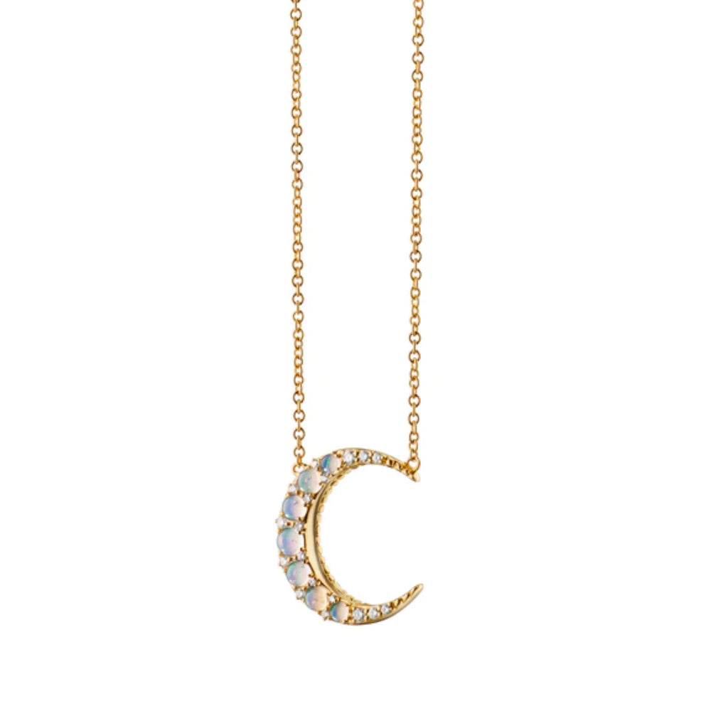 Monica Rich Kosann Exquisite 18K Gold-Plated Mini Crescent Moon Necklace Set with Water Opal and White Diamonds