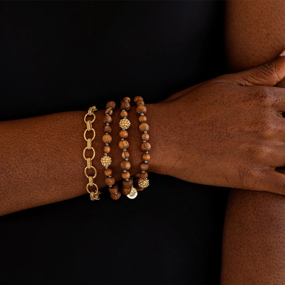 Exquisite Capucine De Wulf Handmade Earth Goddess Teak Wood Beaded Bracelet with 18K Gold Plated Brass