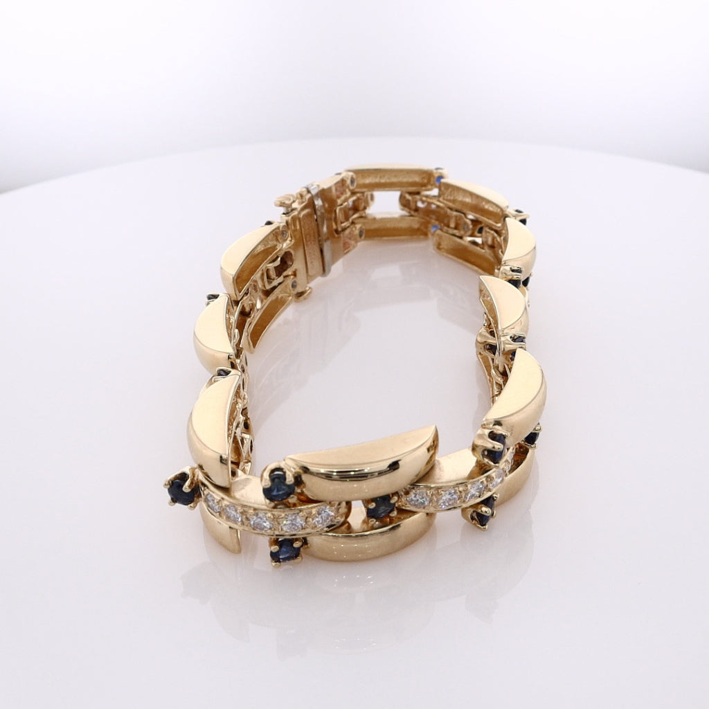 Exquisite Estate 14 Karat Yellow Gold Polished Link Diamond and Sapphire Luxury Bracelet for Women