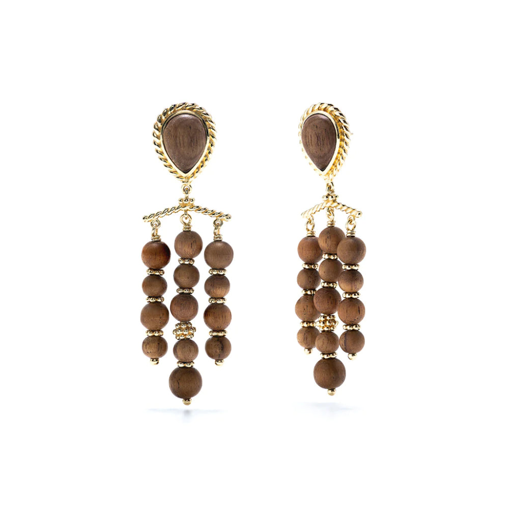 Hand - Carved Teak Earth Goddess Capucine De Wulf Chandelier Earrings with 18K Flash Gold