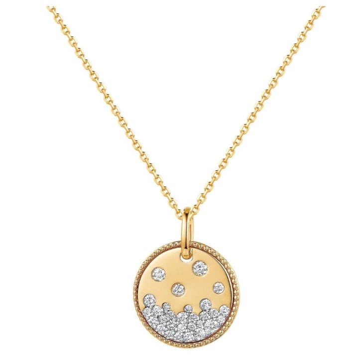 Gorgeous 14k Gold Disc Pendant Necklace Adorned with 29 Diamonds