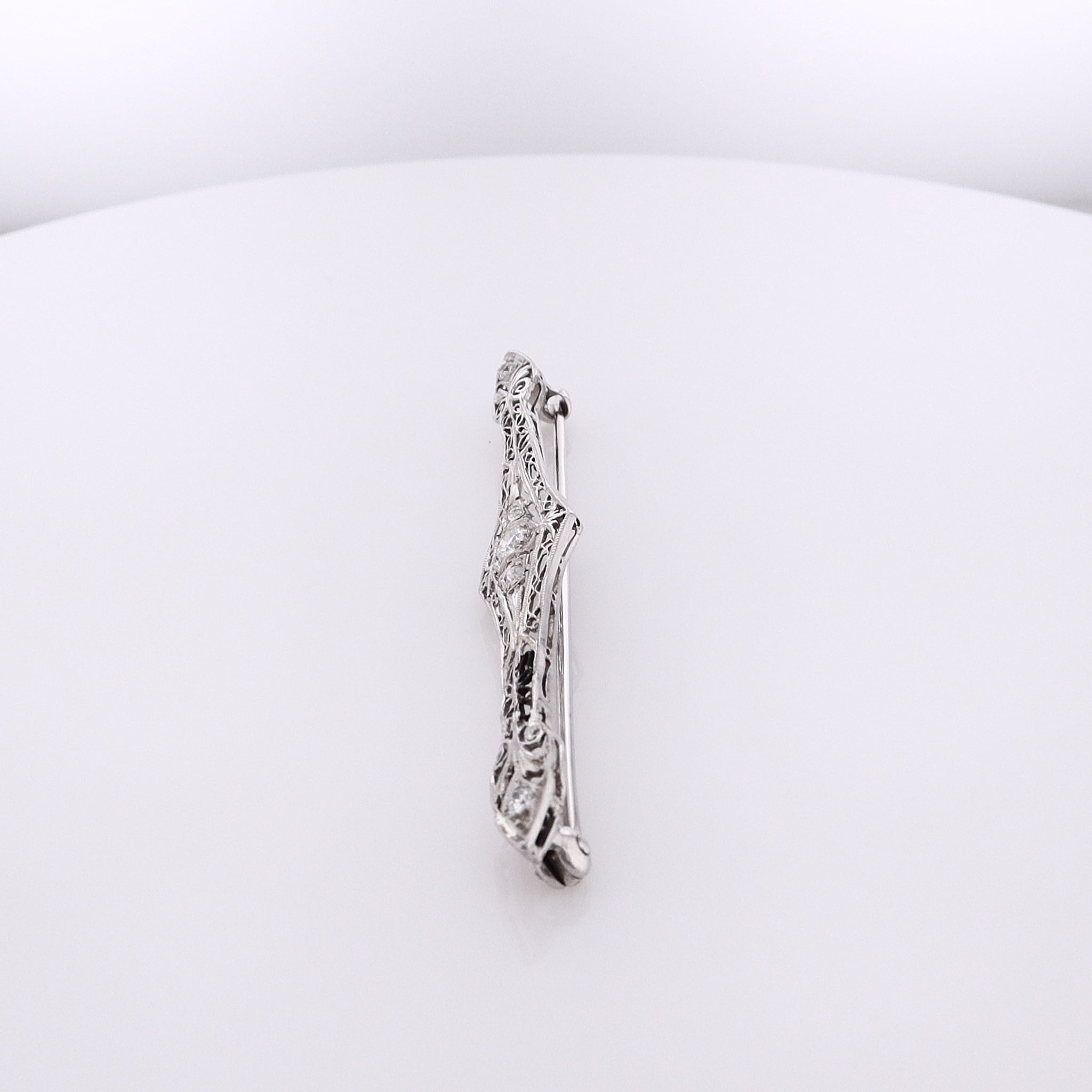 Exquisite Estate Platinum Diamond Bar Pin with Filigree Scroll Ends