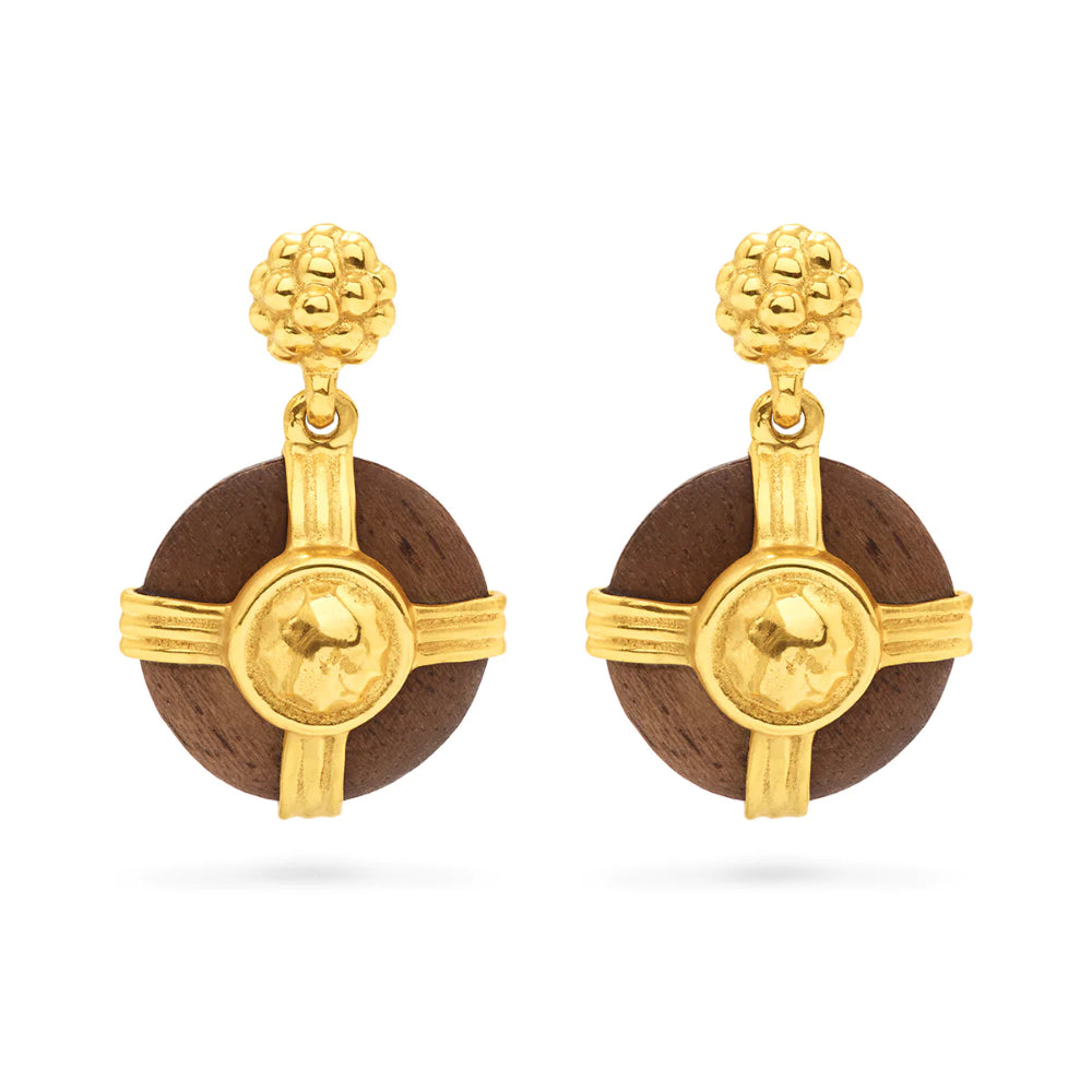 Wulf Gaia Round Drop Hand - Carved Teak Wood Earrings with Hammered 18K Gold Plated Brass
