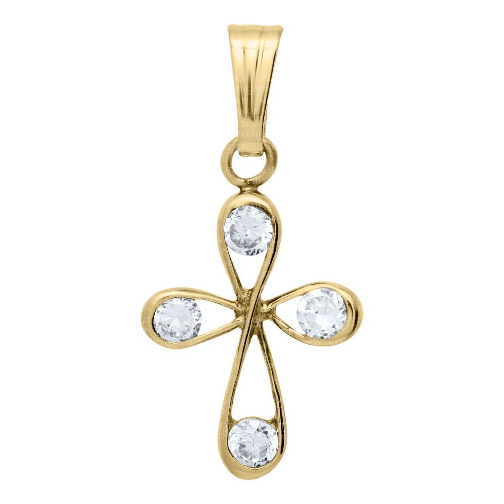 14k Gold Children's Cross Pendant Adorned with Cubic Zirconia on a 15-Inch Chain, Ideal Jewelry Piece
