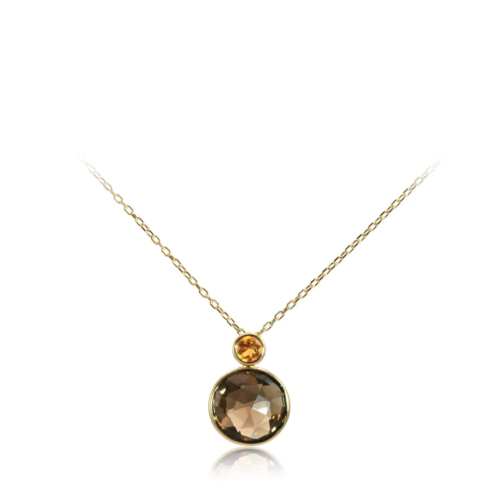 14k Gold Smokey Quartz and Citrine Gemstone Pendant Necklace for Women