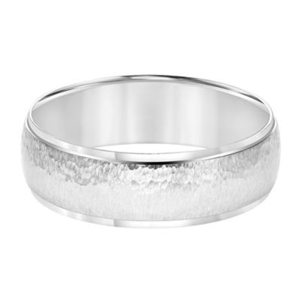 Men's 7mm Hammered 14k White Gold Low Dome Round Edge Carved Wedding Ring Band