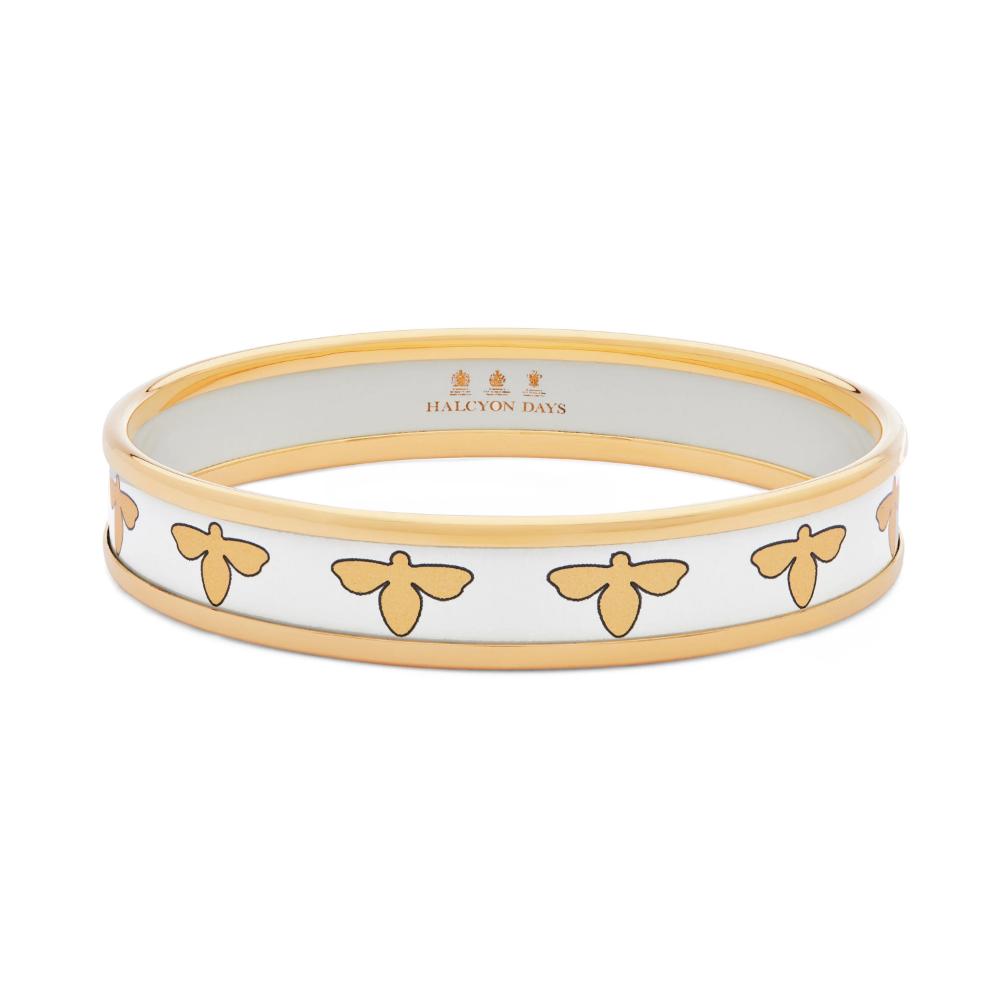 Halcyon Days Handmade 1cm Bee - Inspired Cream and Gold - Colored Enamel Bangle Jewelry