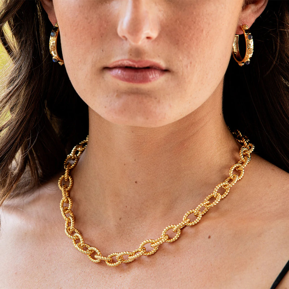 Hammered Gold & Blue Labradorite Capucine de Wulf Cleopatra-Style Hoop Earrings