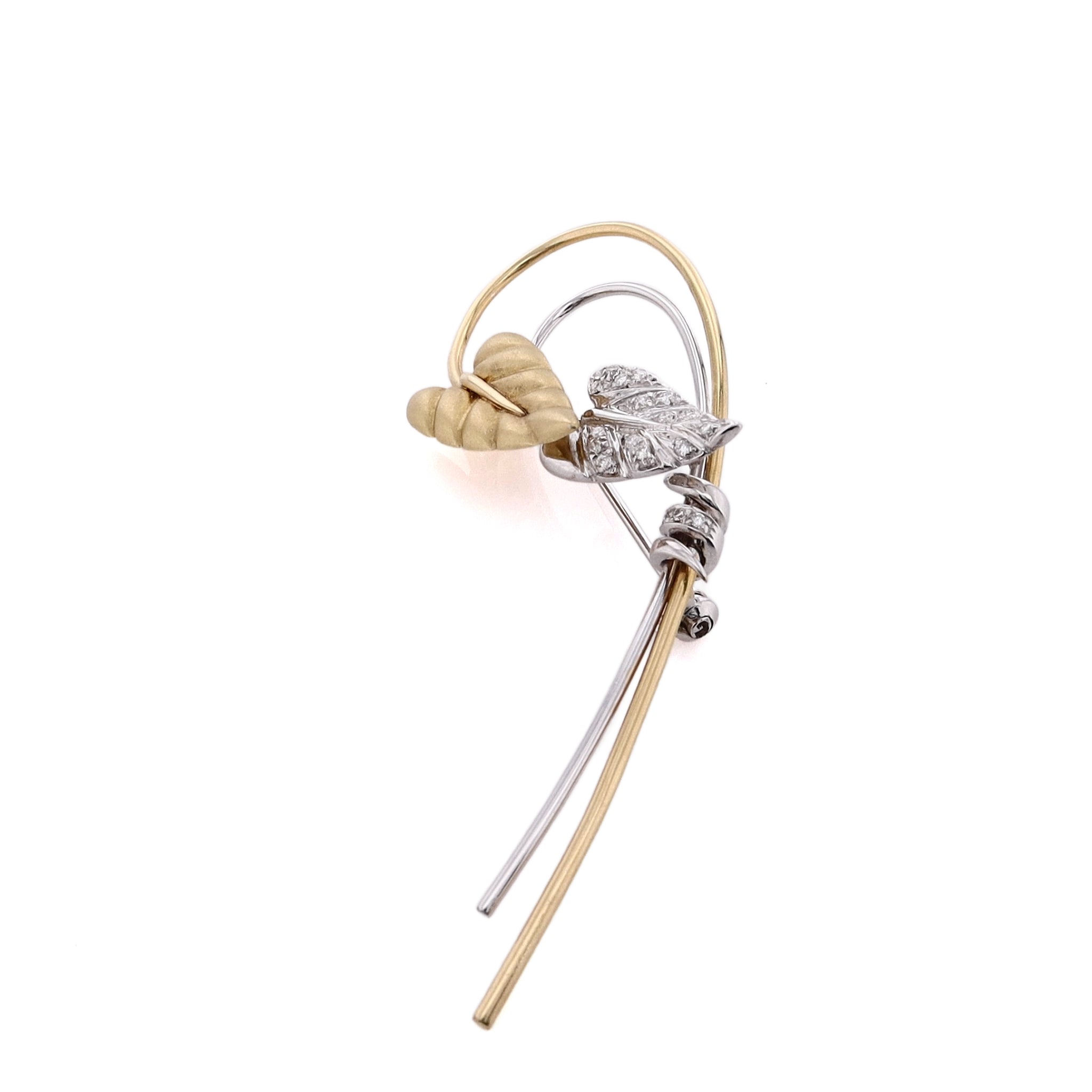 Exquisite 18K Two-Tone Brushed Gold Diamond Leaf Pin