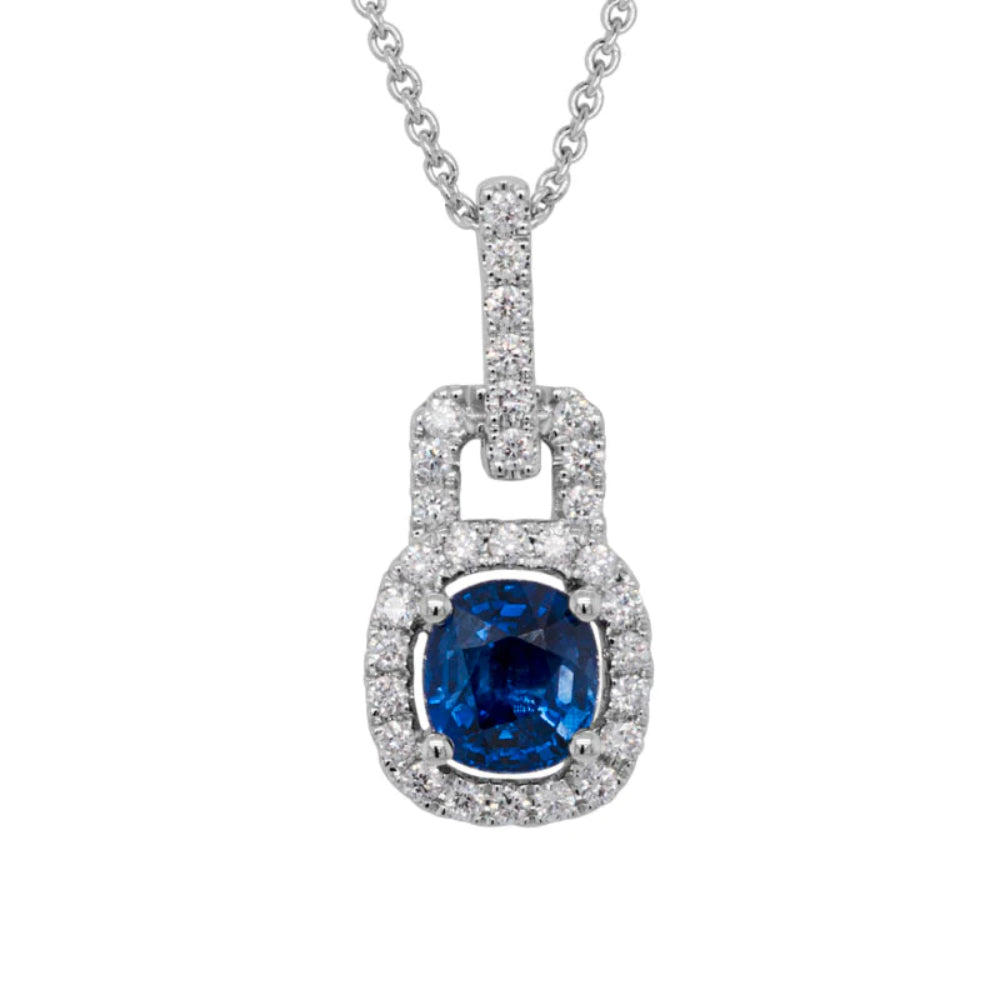 14W Adjustable 16 - 18' 14K White Gold Blue Sapphire & Diamond Pendant Necklace