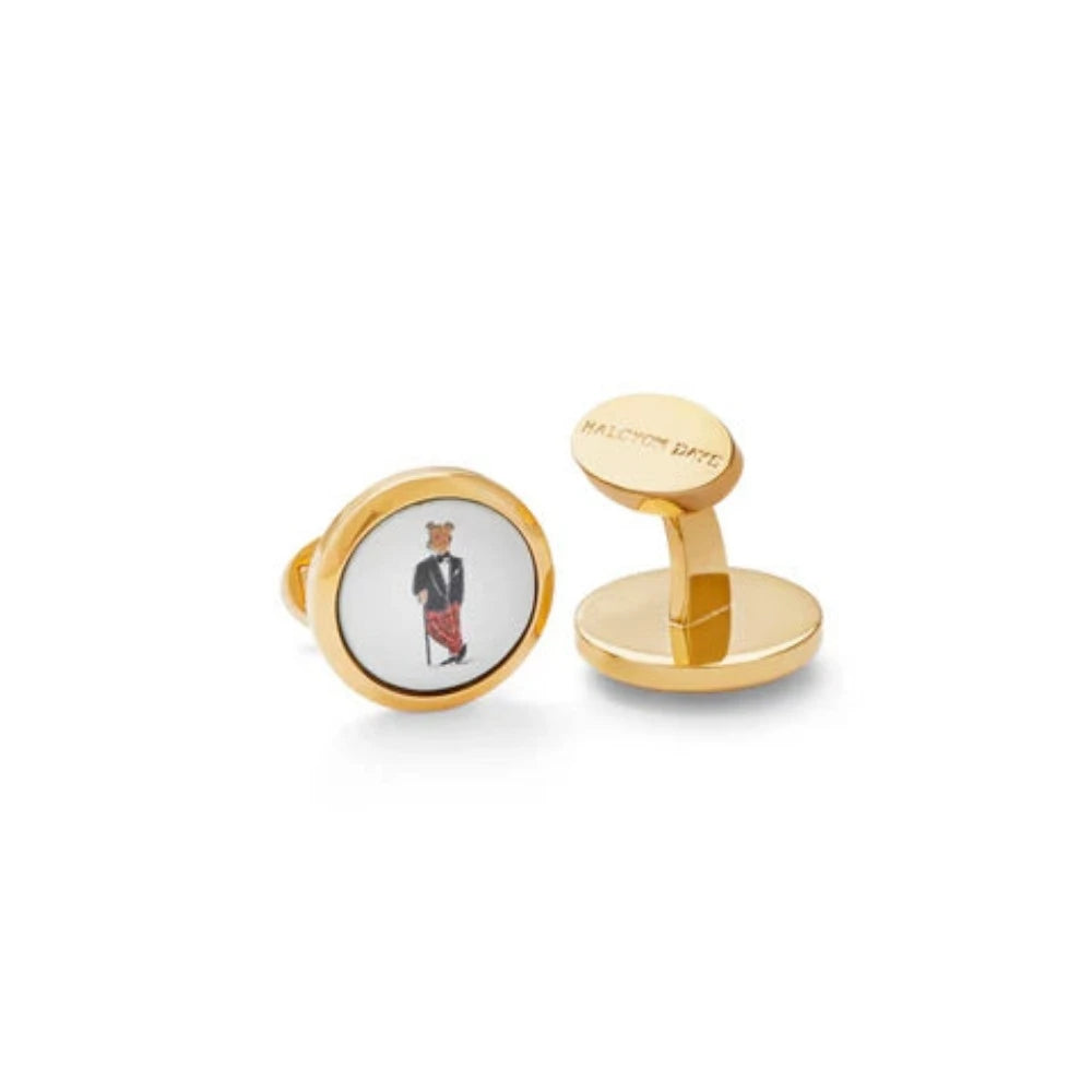 Stylish Halcyon Days Gold-Plated Round Cufflinks Featuring Hal the Bear