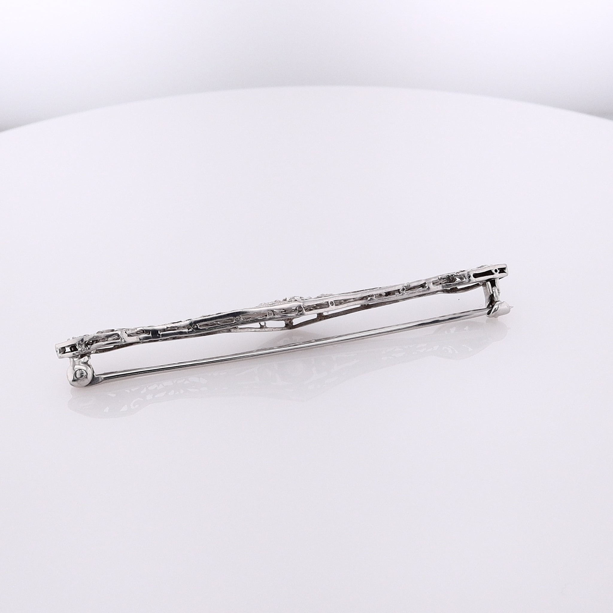 Exquisite Estate Platinum Diamond Bar Pin with Filigree Scroll Ends