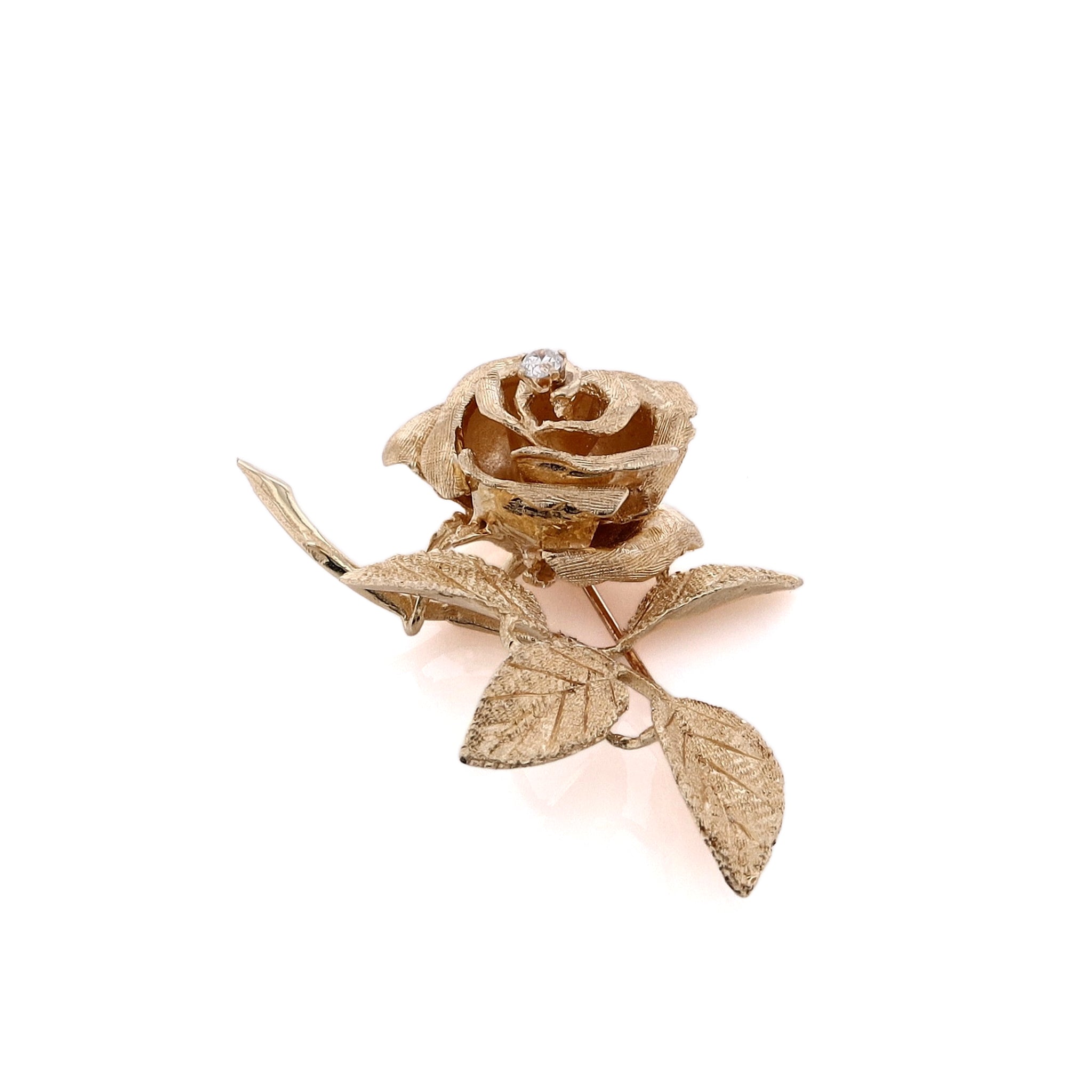 Exquisite Estate 14 Karat Yellow Gold Hand - Brushed and Mirror - Polished Long - Stem Rose - Shaped Diamond Lapel Pin