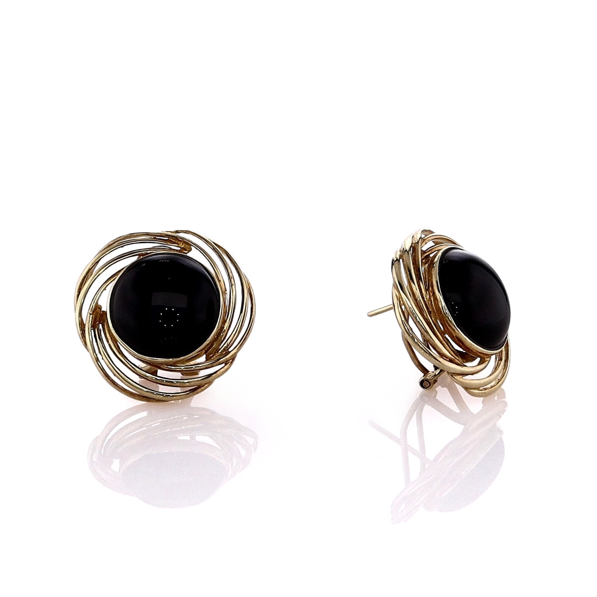 14k Yellow Gold Swirl-Designed Frame Cabochon Onyx Stud Earrings