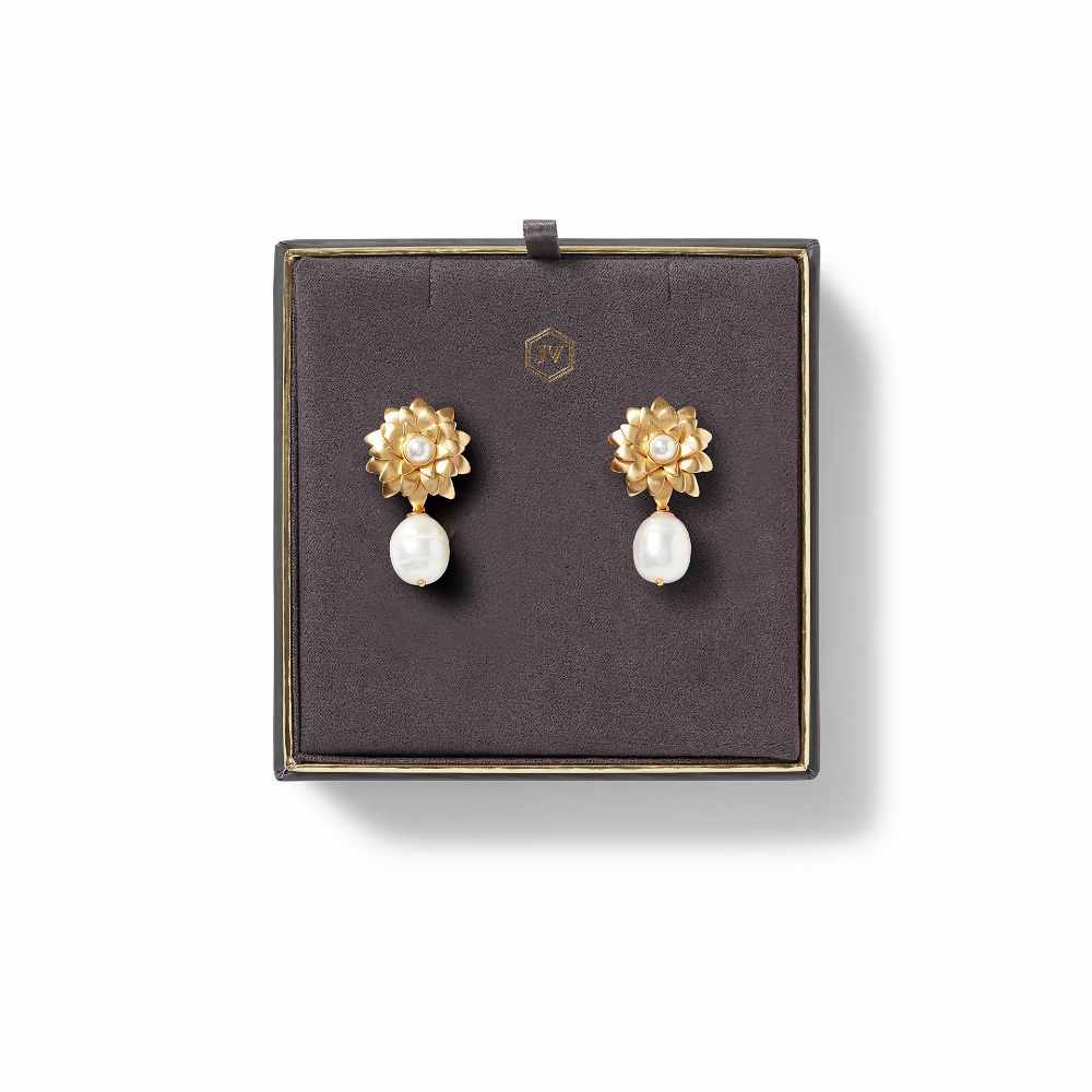 Julie Vos Flora-Style Pearl Drop Earrings for Women with Exquisite Golden Petals Design