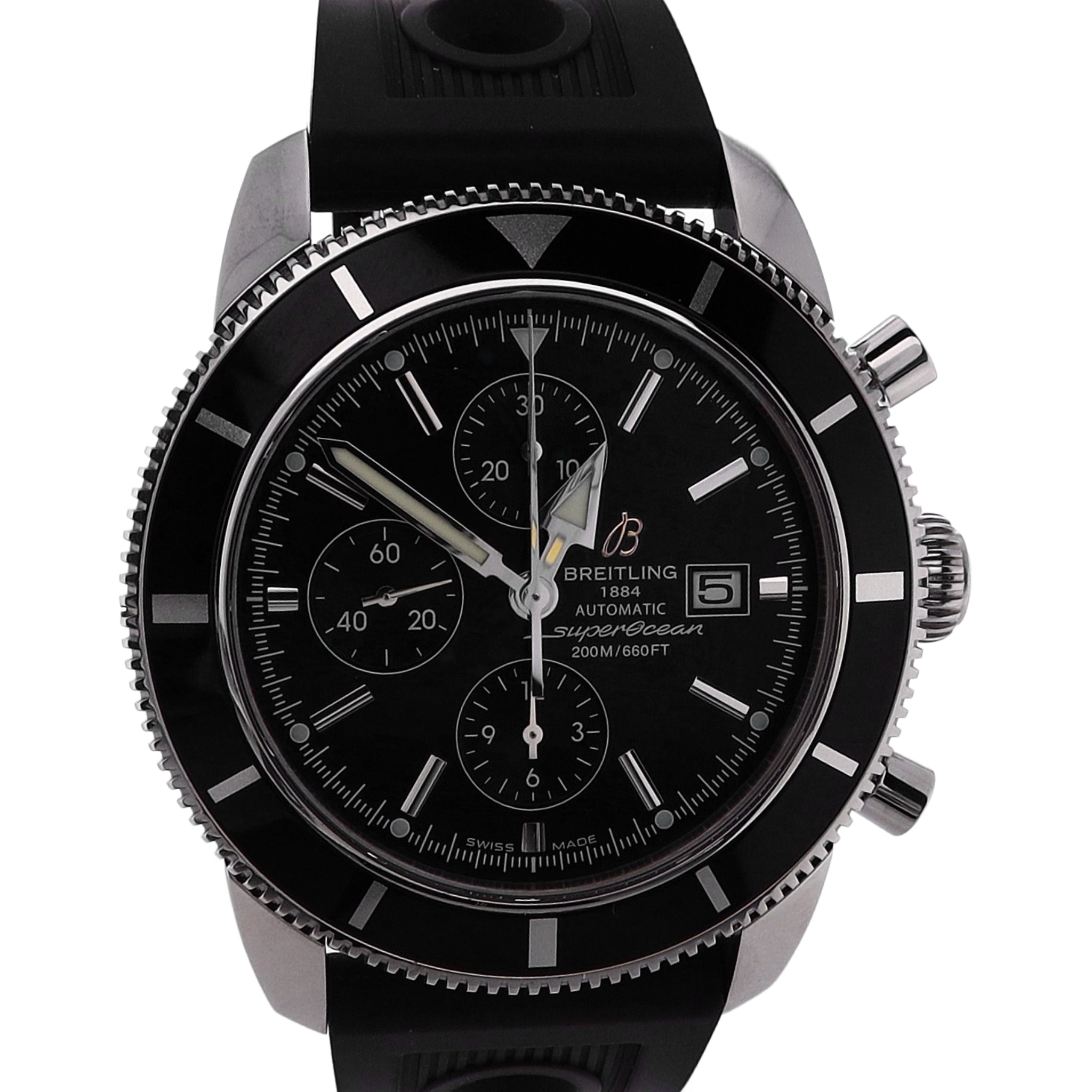 Estate Breitling Men's Superocean Heritage Chronograph Watch with Stainless Steel Case, Black Baton Dial and Black Rubber Tang Strap (Model A13320)