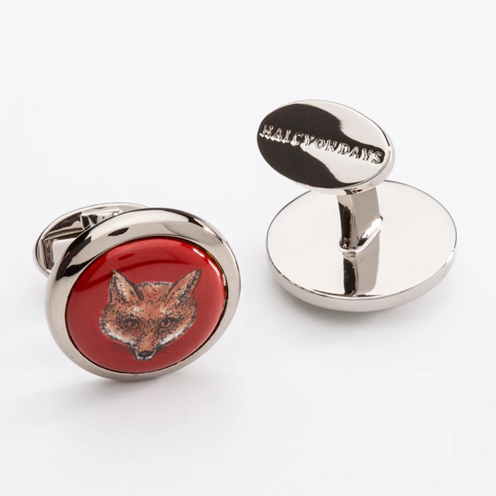 Handmade Red Round Halcyon Days Cufflinks with Fox Head Design