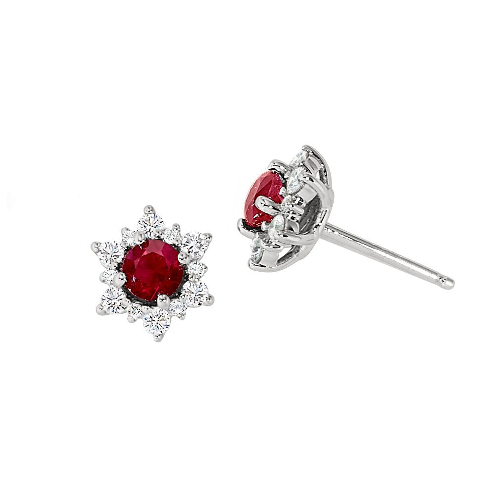 Exquisite 14k White Gold Ruby Snowflake Stud Earrings with 0.60ct Diamonds