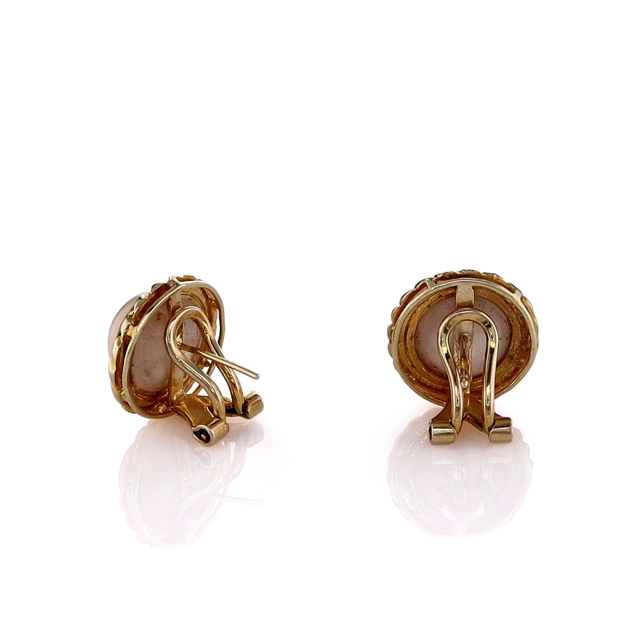 Exquisite Estate 14k Yellow Gold Twisted Rope Border Designed Pearl Stud Earrings for Women's Jewelry Collection