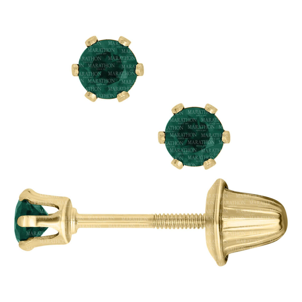 Exquisite 14k Yellow Gold Stud Earrings with Emeralds for Children