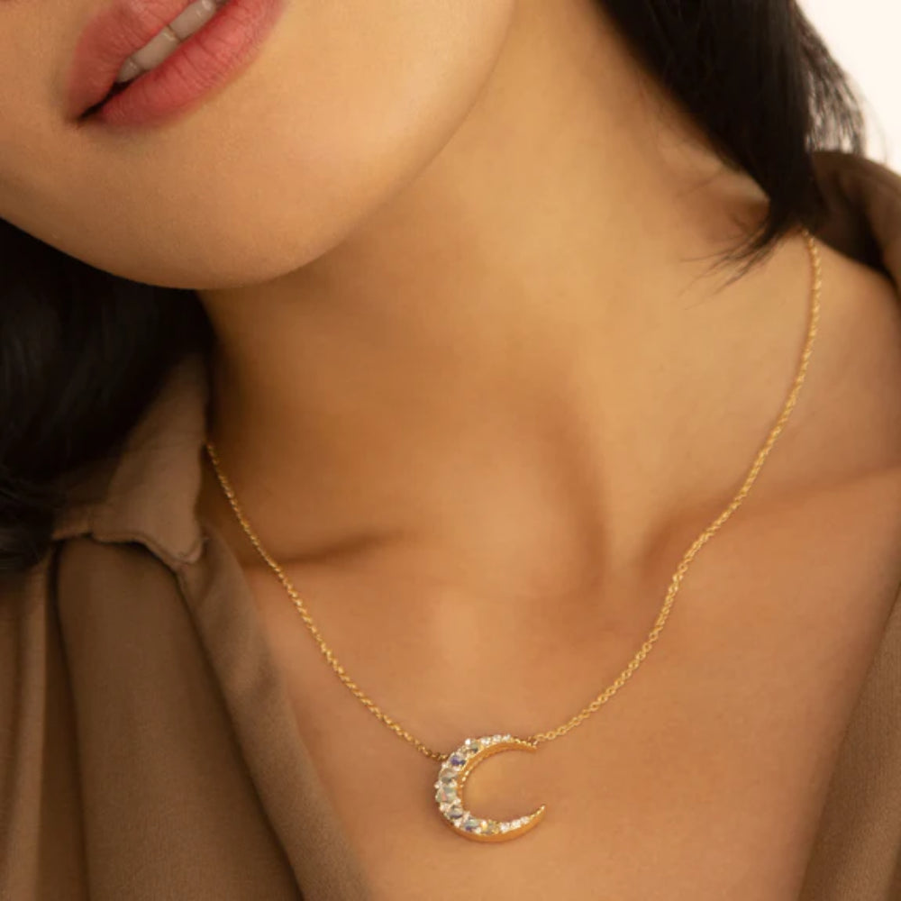 Monica Rich Kosann Exquisite 18K Gold-Plated Mini Crescent Moon Necklace Set with Water Opal and White Diamonds