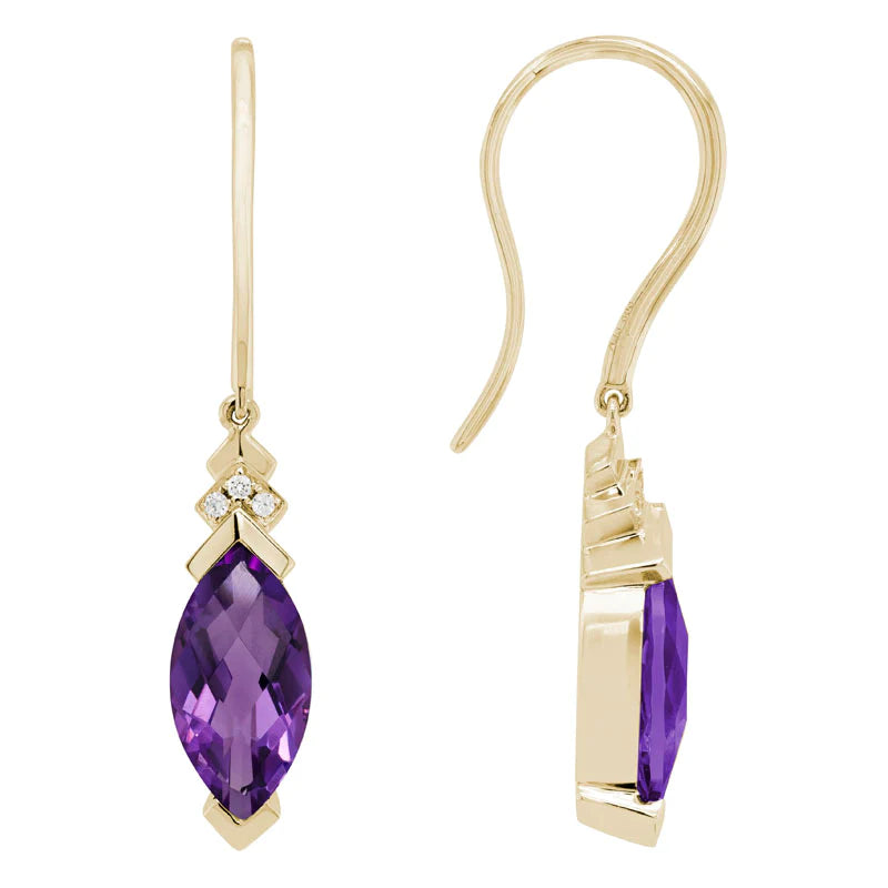 Stunning 14K Yellow Gold Wire Earrings with Amethyst and Diamond Accents