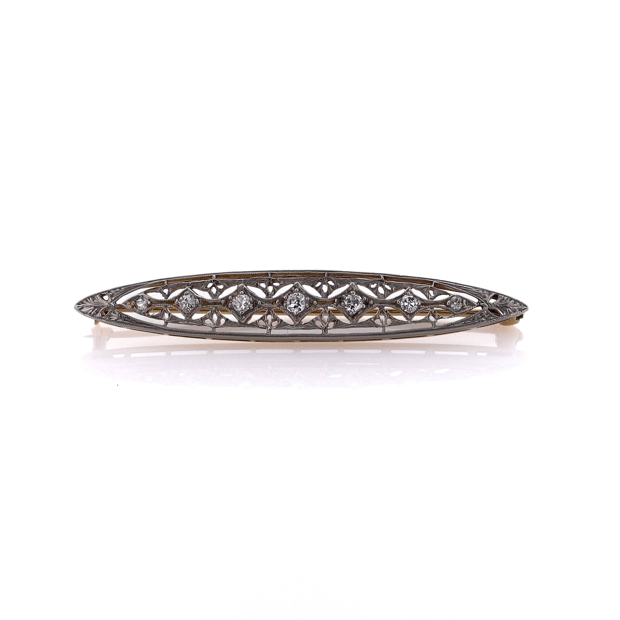 Exquisite Estate 14 Karat White Gold Oblong Shaped Filigree Design Diamond Brooch Pin