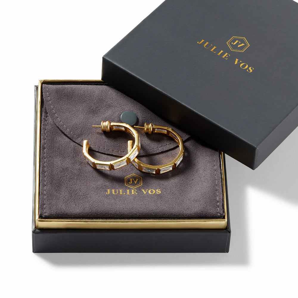 Julie Vos Antonia Medium and Large Gold-Plated Hoop Earrings with Baguette Stones