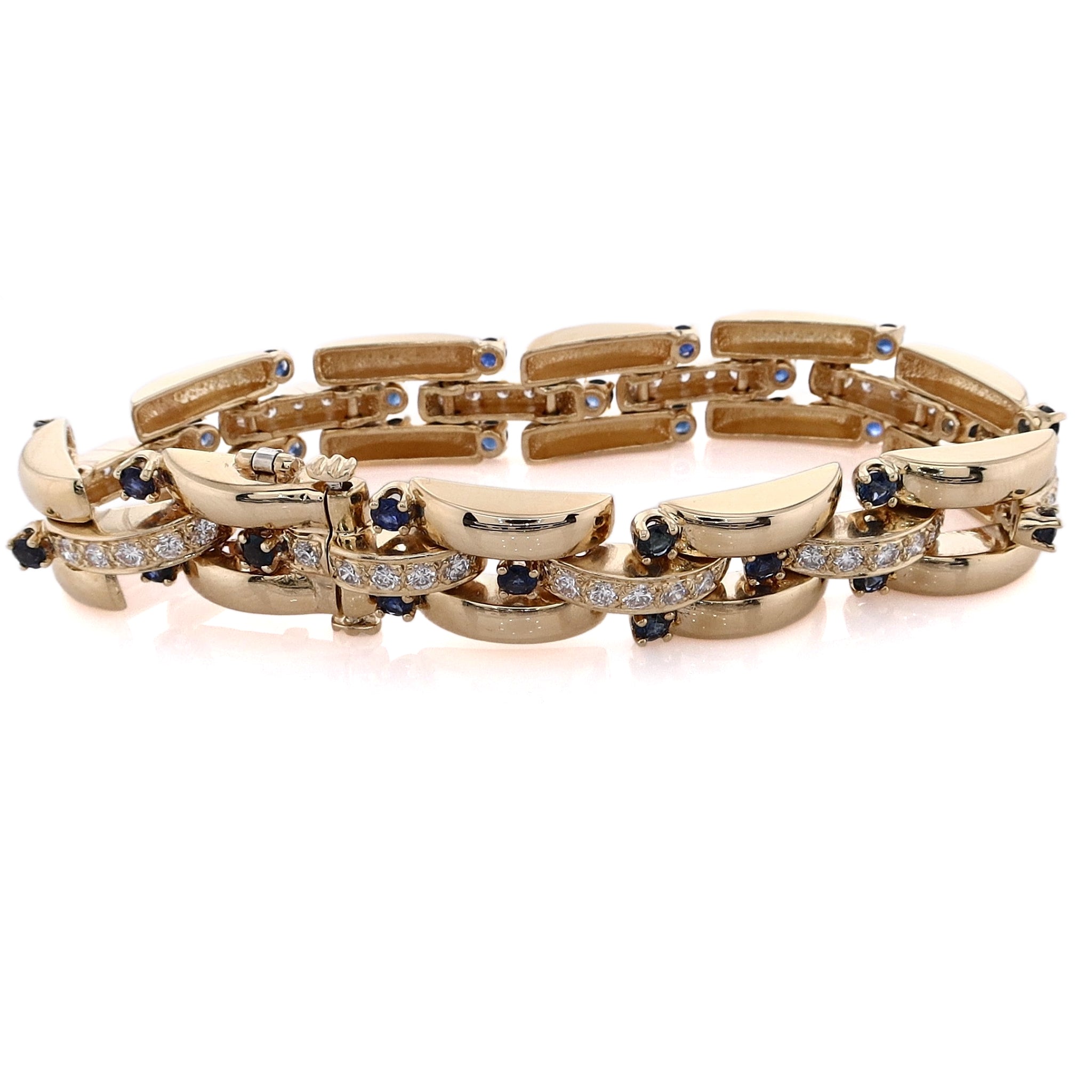Exquisite Estate 14 Karat Yellow Gold Polished Link Diamond and Sapphire Luxury Bracelet for Women