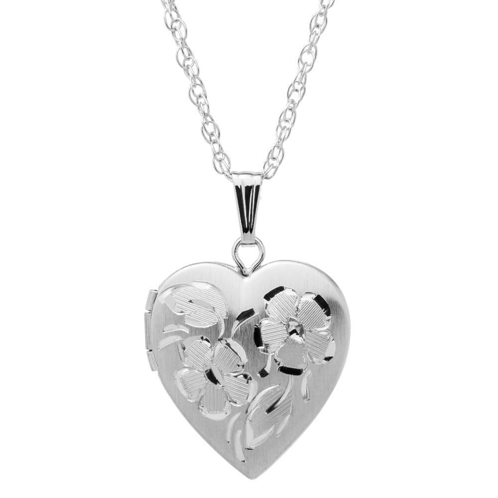 14k White Gold Hand - Engraved Heart - Shaped Locket Necklace with 18' Chain