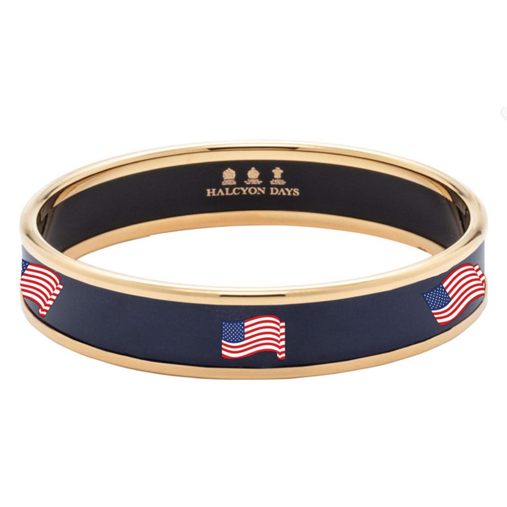 Halcyon Days 1cm Navy & Gold Enamel Stars & Stripes Bangle with 18ct Gold Plated Rims