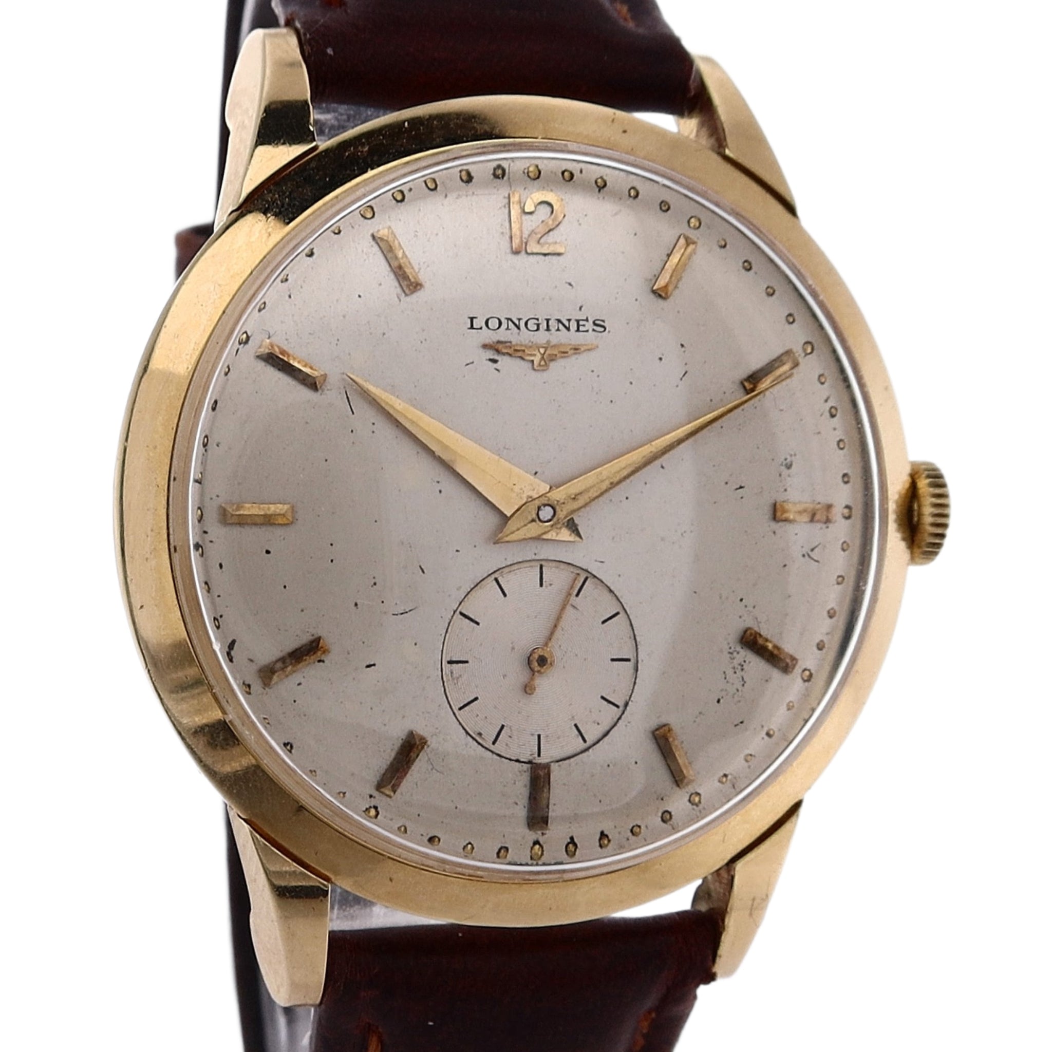 Vintage Longines Estate 18 Karat Yellow Gold Gents Round Watch with Cream Dial and Sub - Dial