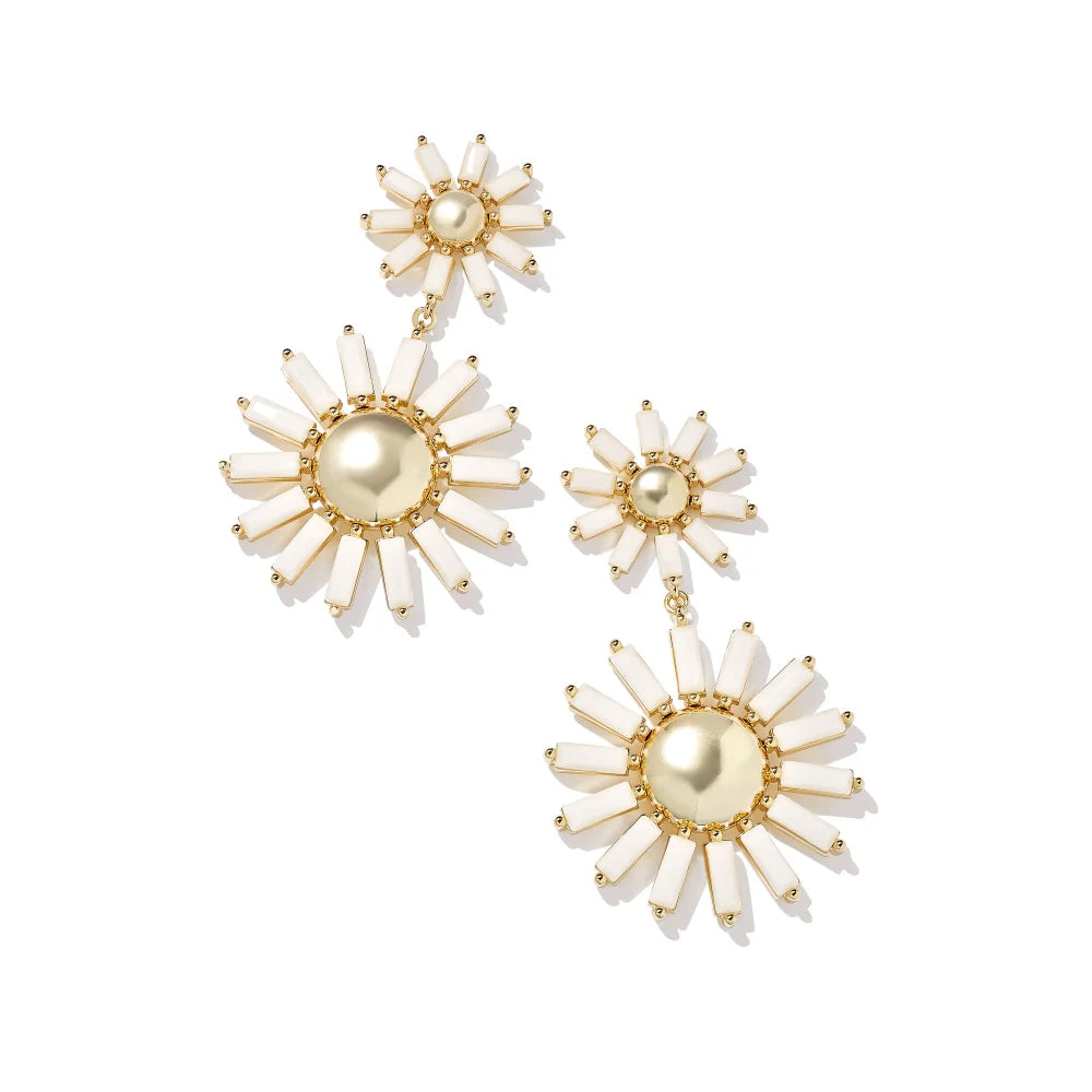 Kendra Scott Stunning Madison Daisy-Style Gold Statement Drop Earrings Crafted in White Opaque Glass