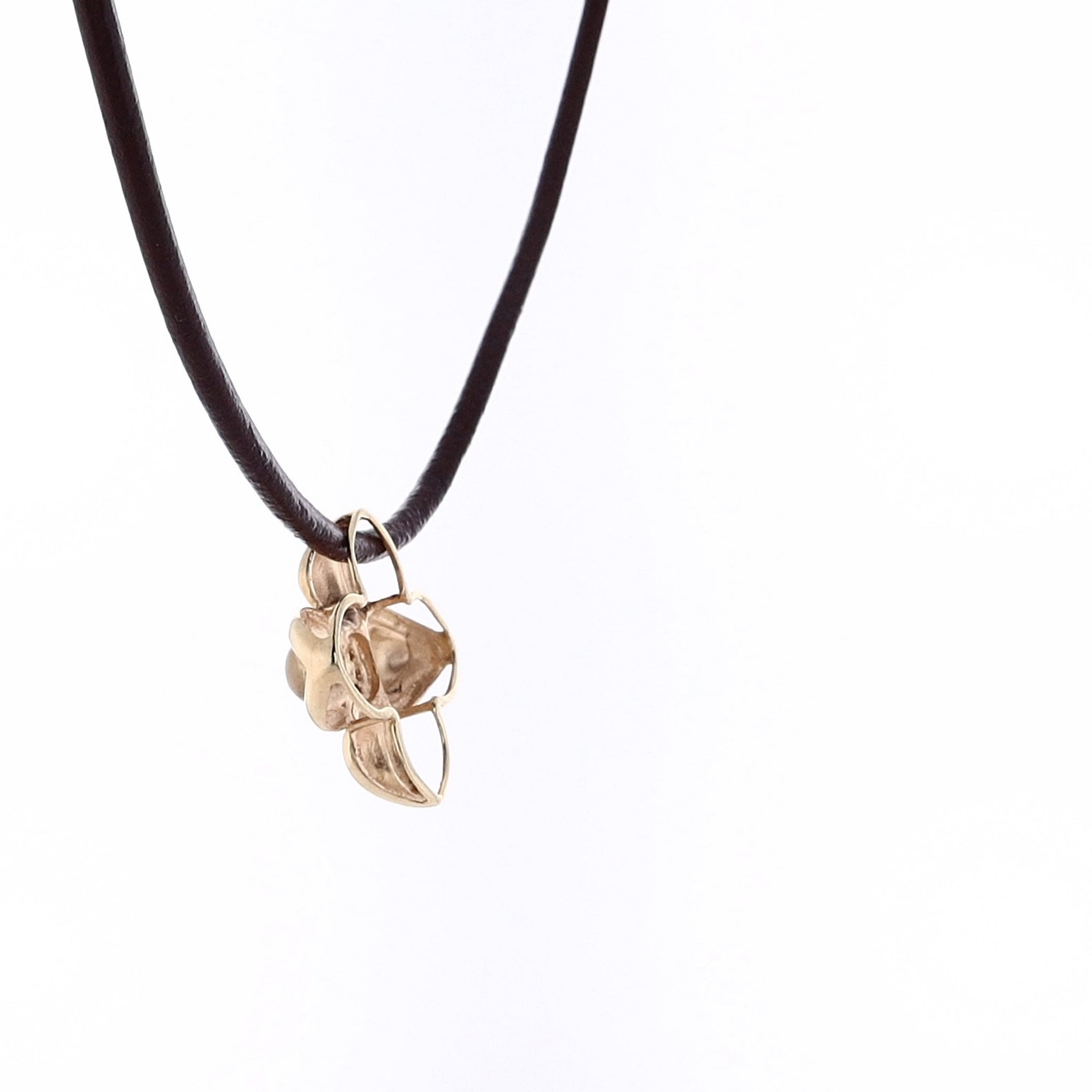 14K Yellow Gold Flower Diamond Pendant with Adjustable Brown Leather Cord Necklace