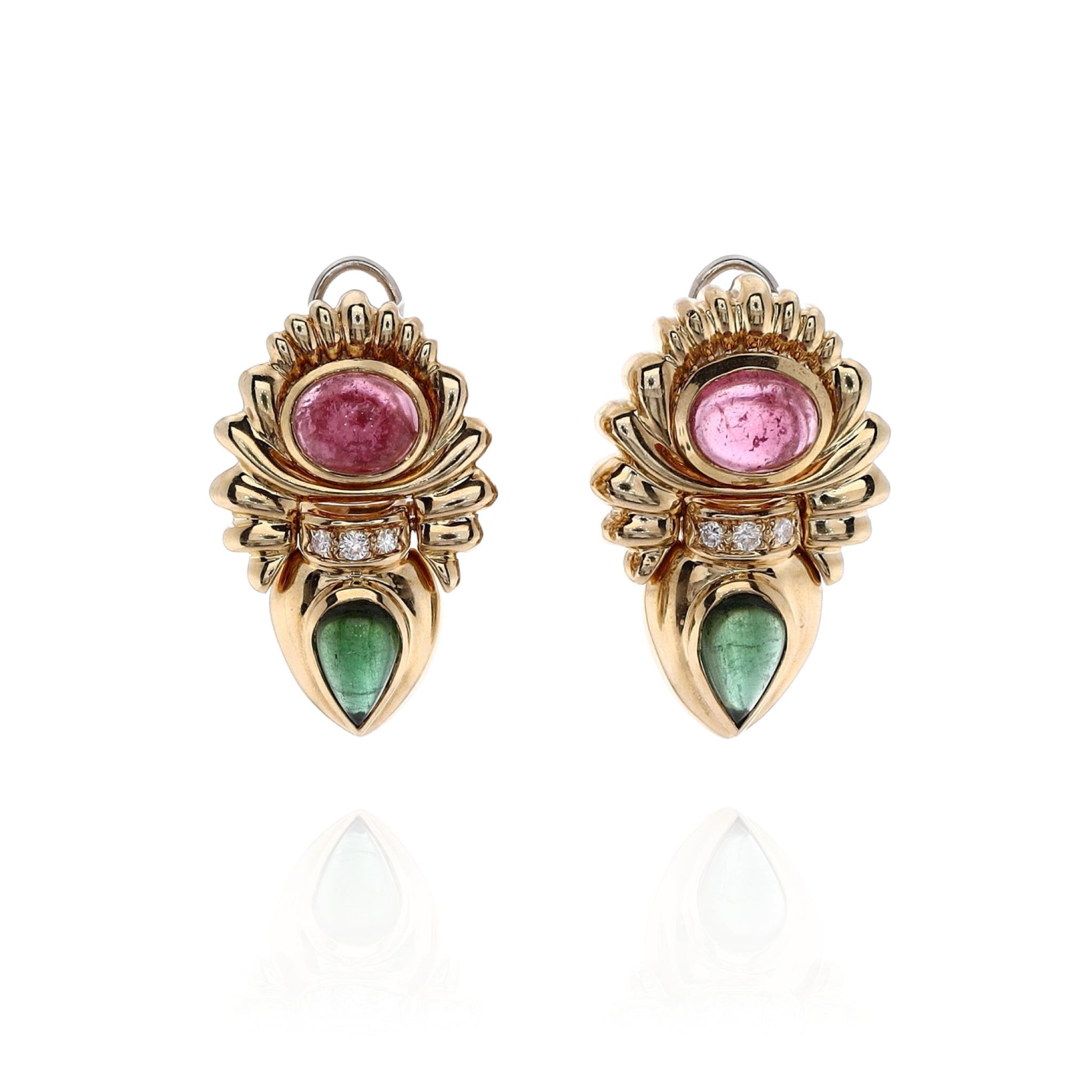 Exquisite Estate 18k Yellow Gold Stud Earrings Featuring Cabochon Tourmaline and Diamond Accents