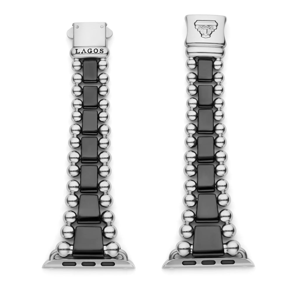 Lagos Elegant Smart Caviar Style Black Ceramic and Stainless Steel Apple Watch Bracelet for 42mm - 49mm Watches