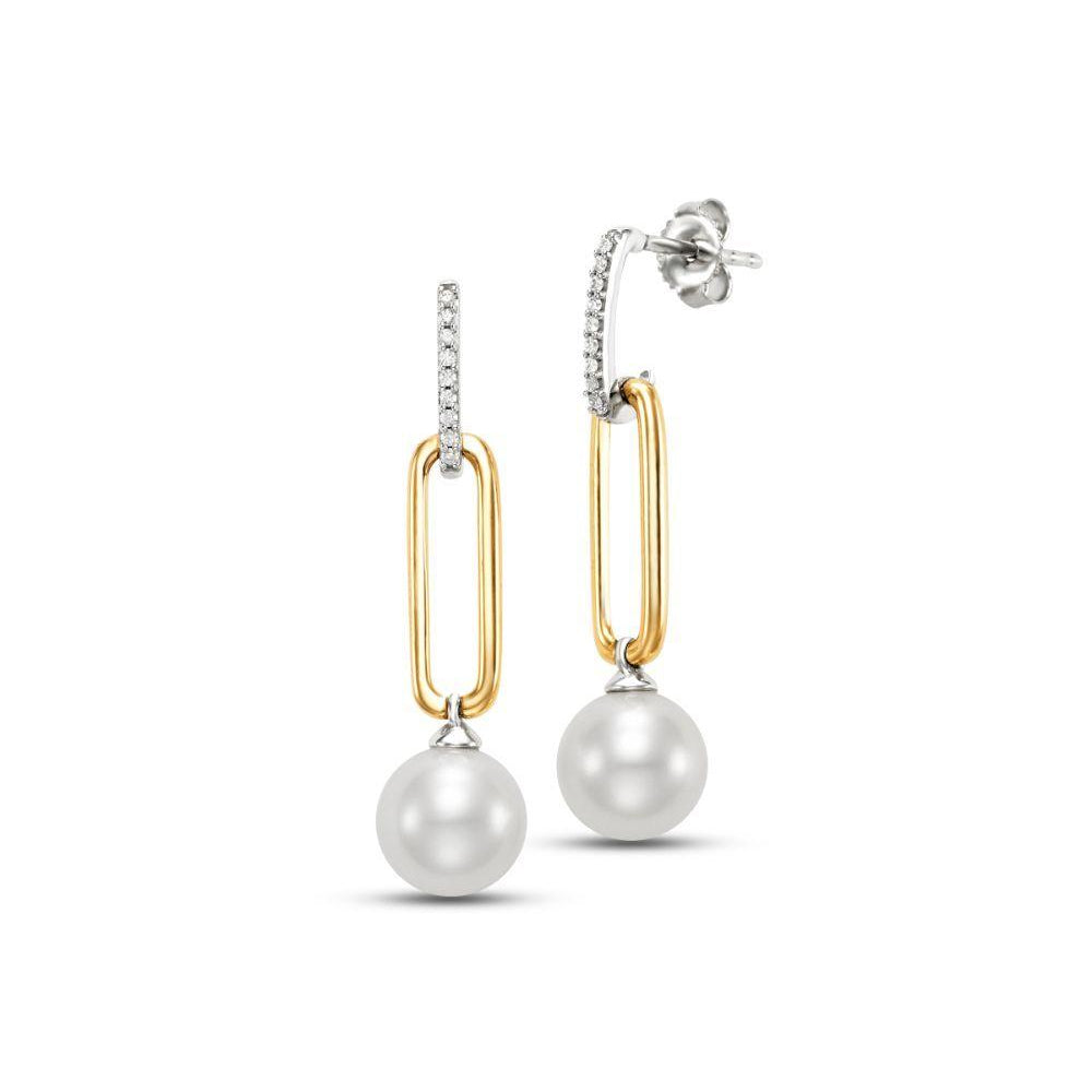 Exquisite 14k Gold Two-Tone Drop Earrings with 8 - 8.5mm Freshwater Pearls and 0.06tw Diamonds