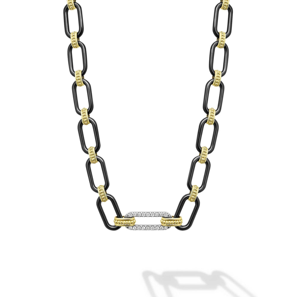 Lagos Signature Luxury 18k Gold and Black Ceramic Diamond Station Link Necklace for Women, with 6mm Diamonds