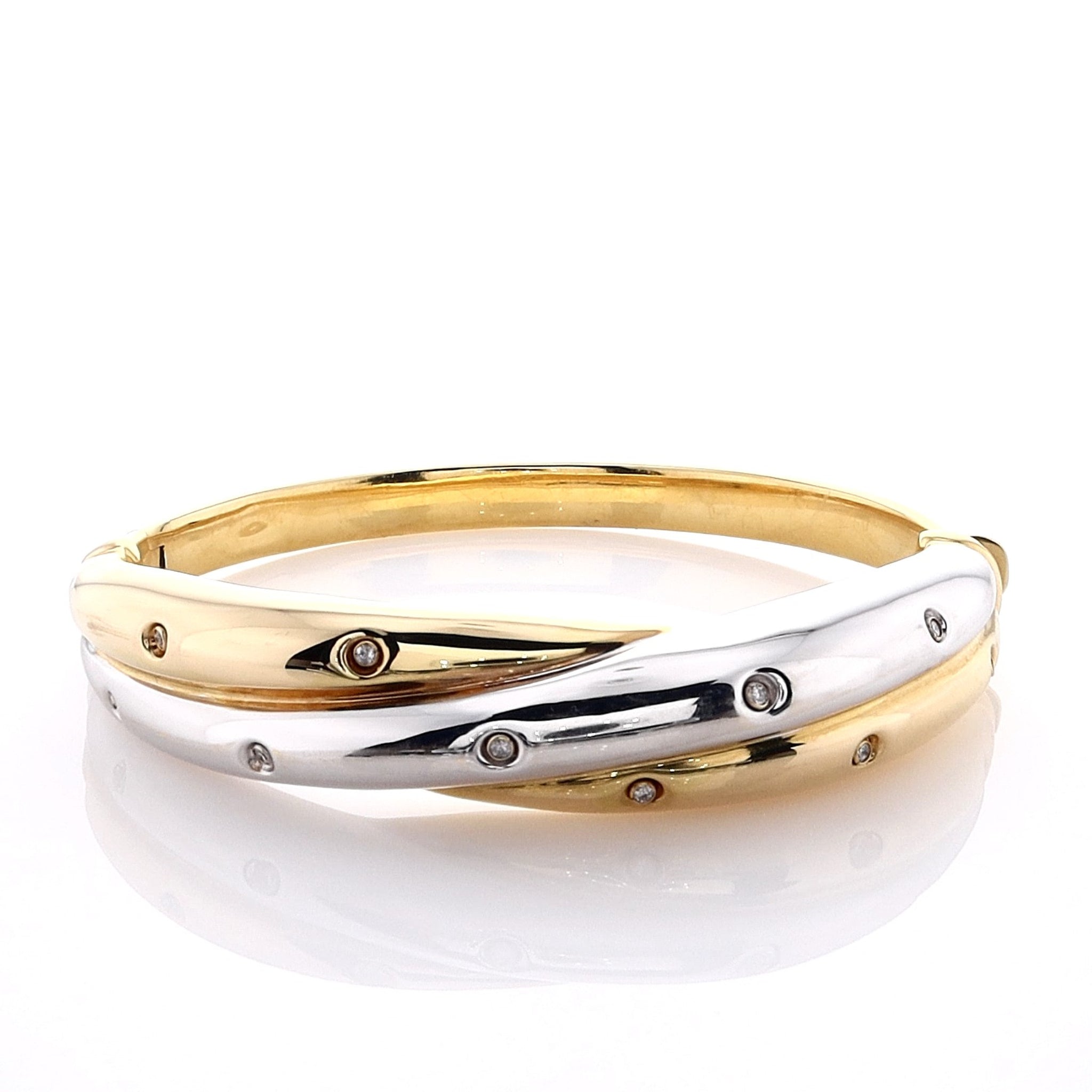 18k Estate Two Tone Hinged Criss Cross Top Diamond Bangle Bracelet for Women