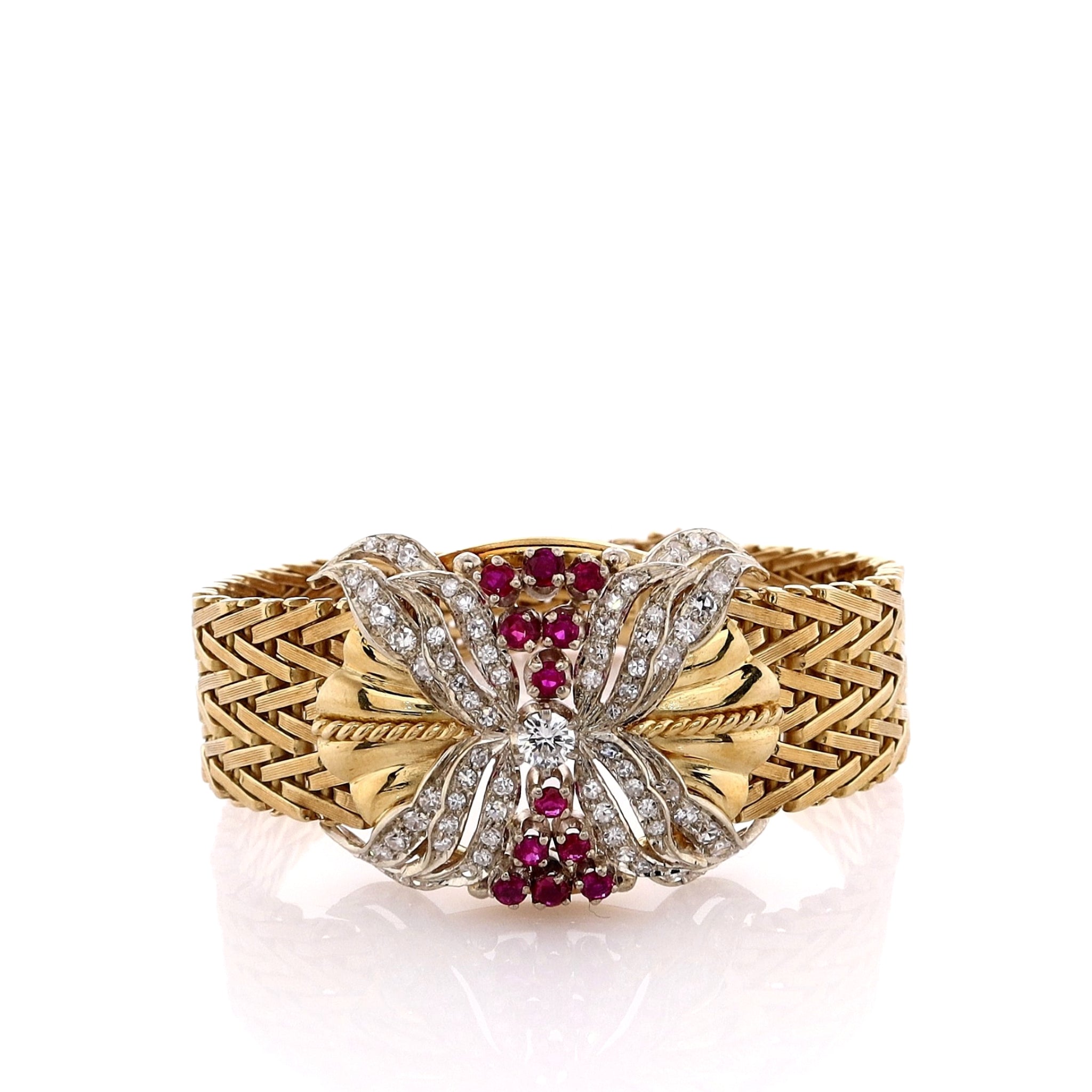 Exquisite 18k Two-Tone Chevron Link Style Diamond and Ruby Jewelry Bracelet